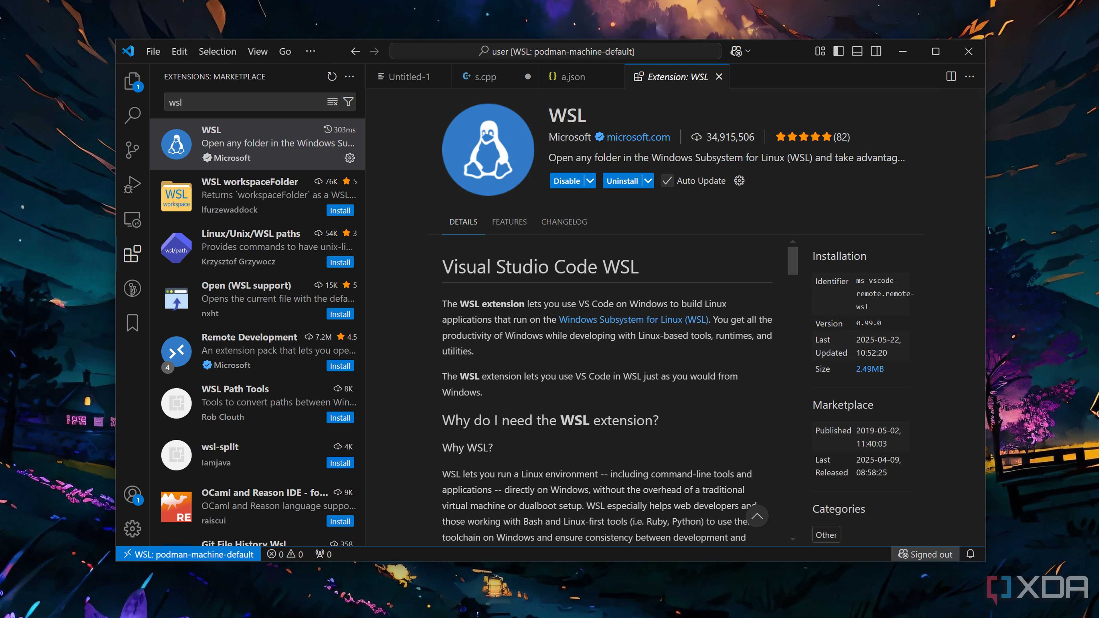 Running the WSL extension in VS Code