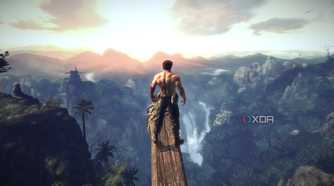 Logan standing on a wooden beam, taking in a setting sun in X-Men Origins: Wolverine.