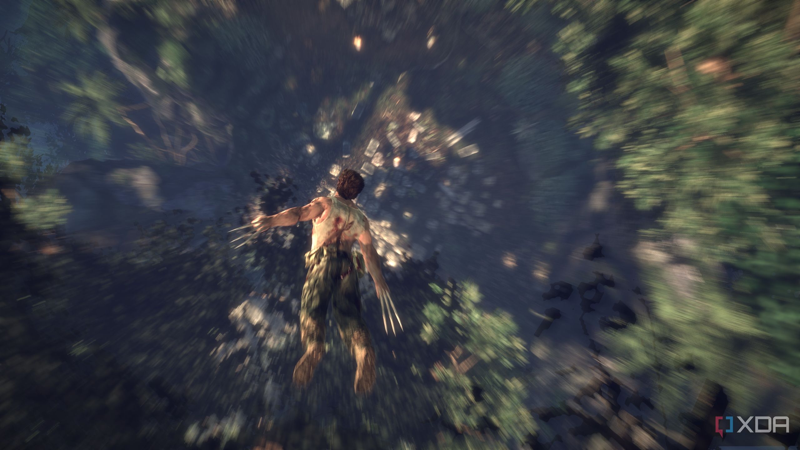 The opening sequence in X-Men Origins: Wolverine, where Logan is falling to the ground with his claws out.