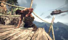 Logan landing on his knees while a chopper crashes behind him in X-Men Origins: Wolverine.