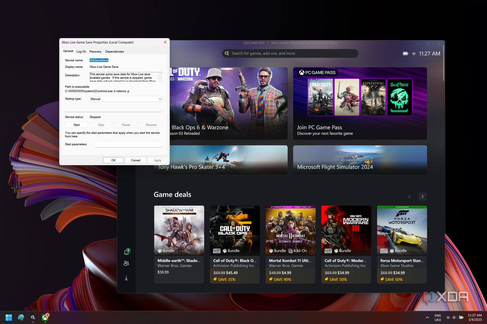 Screenshot of Windows 11 showing the Xbox Live Game Save service disabled next to the Xbox app
