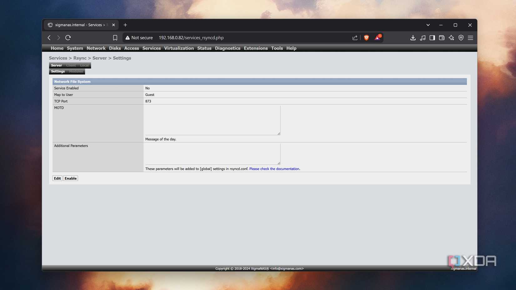 The Rsync tab in XigmaNAS