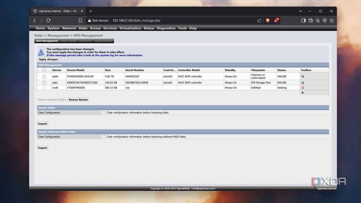 The HDD Management tab in XigmaNAS