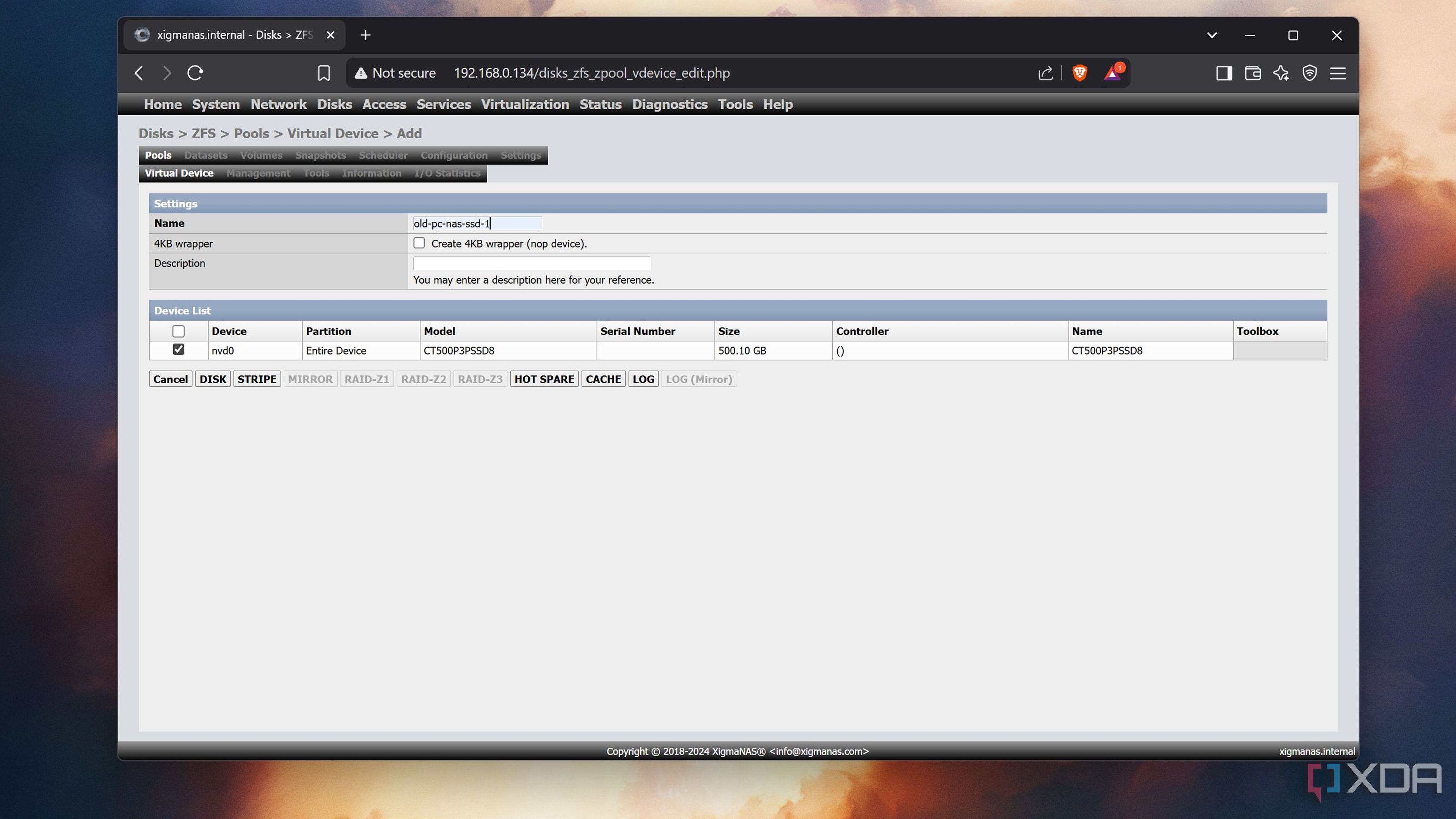 The Virtual Devices tab in XigmaNAS