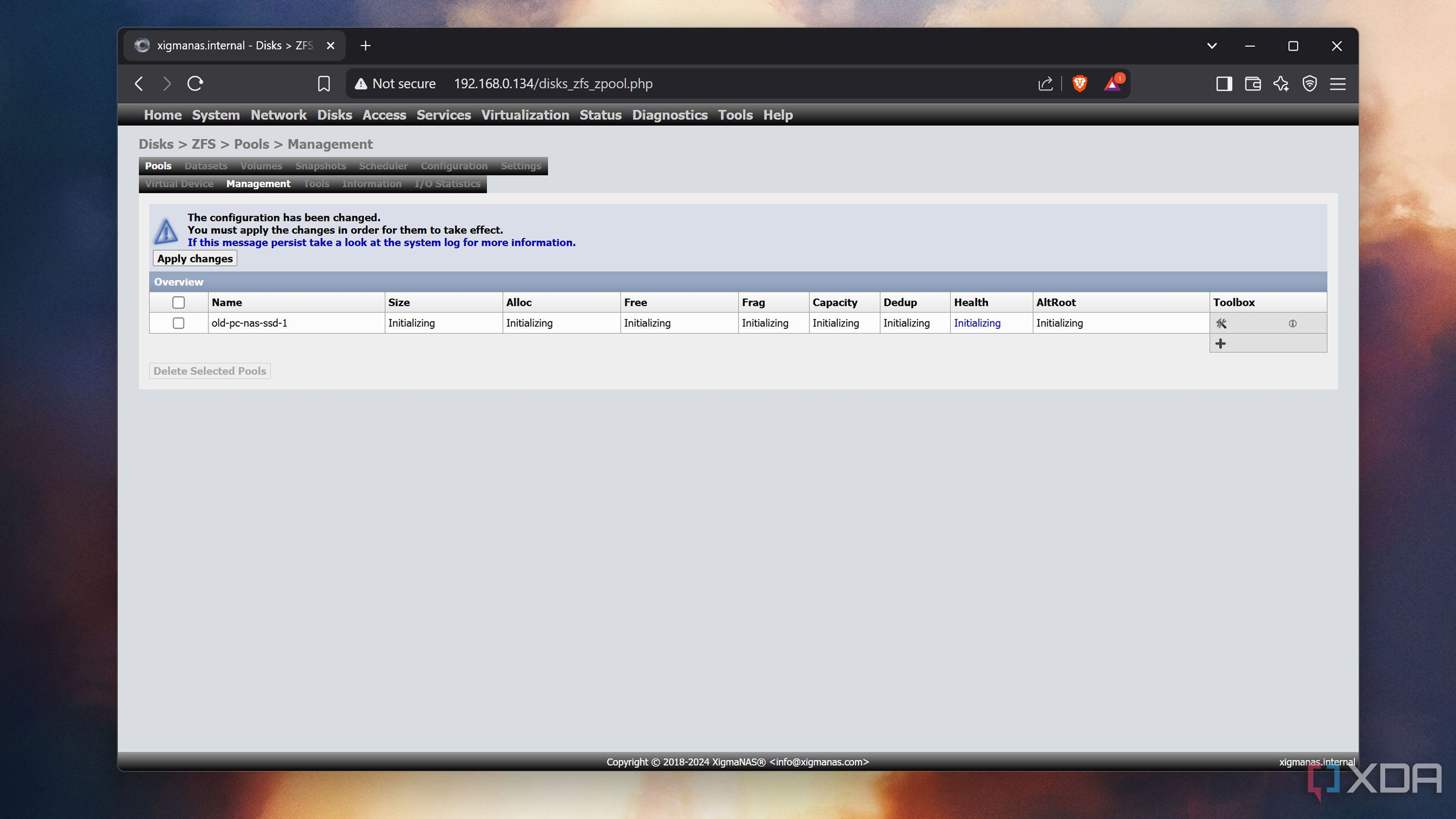 The ZFS Pools Management tab in XigmaNAS