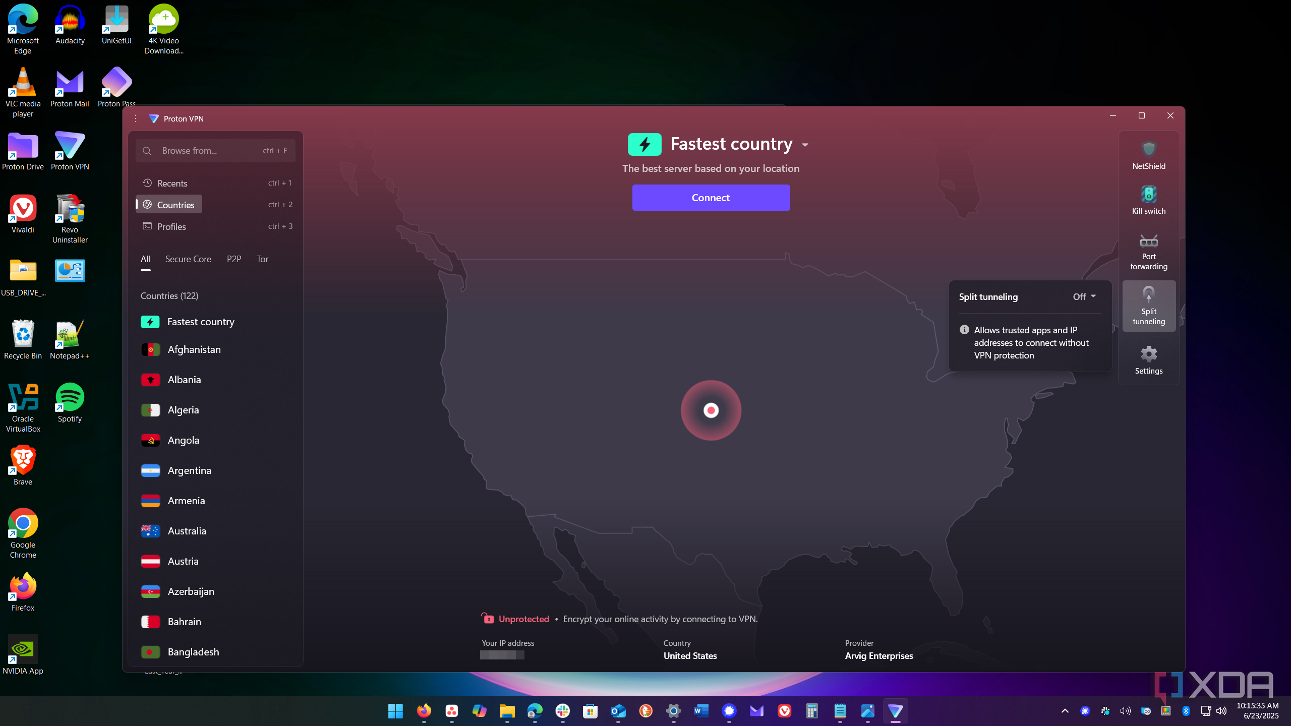 show split tunneling from dashboard