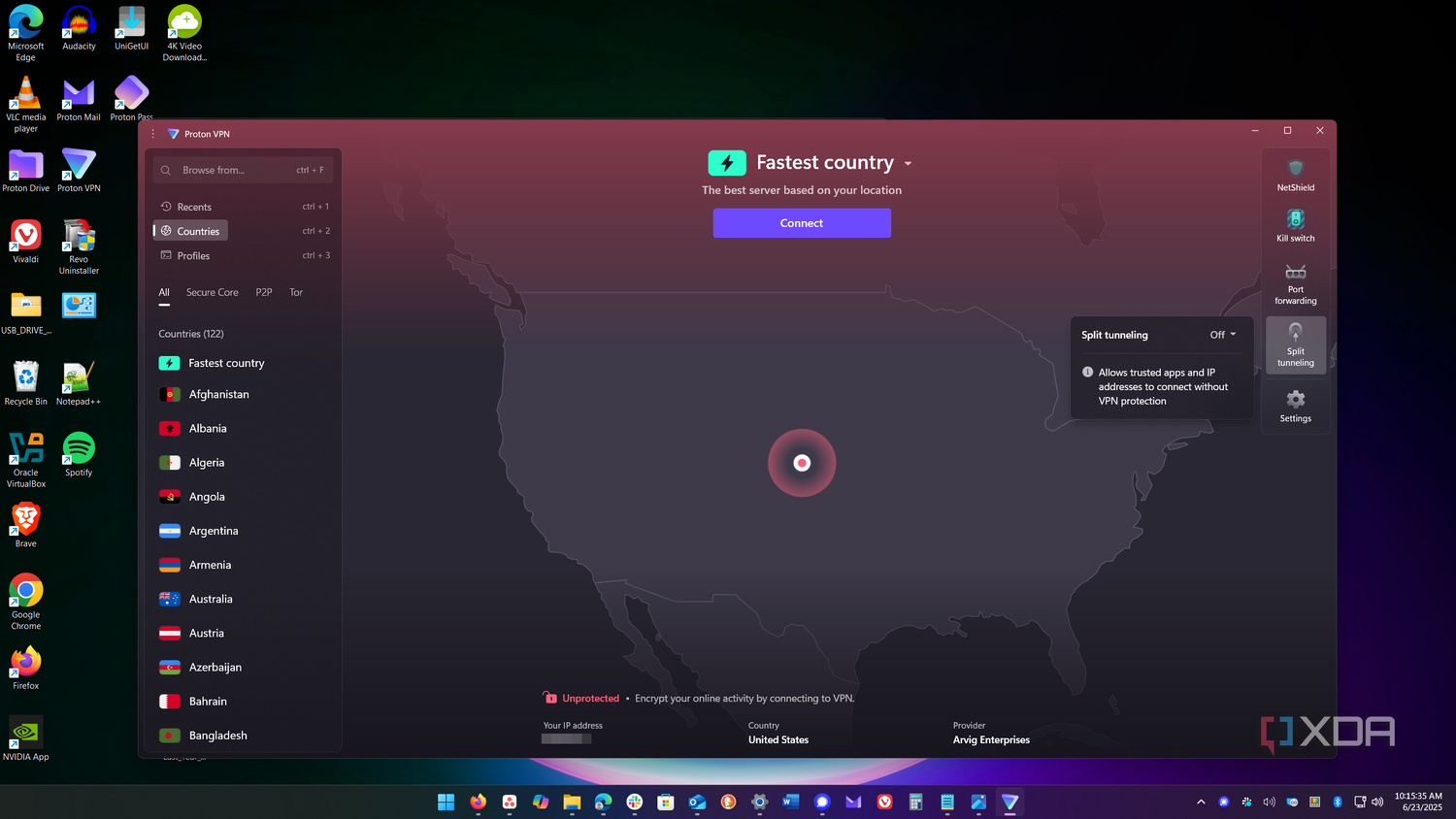 show split tunneling from dashboard