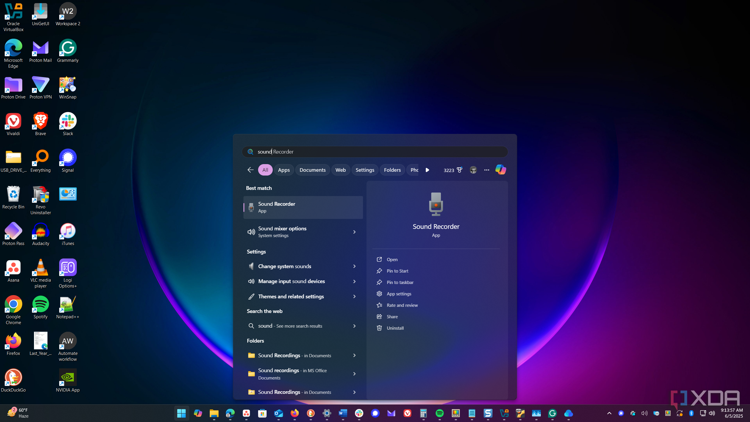 shows sound recorder in start menu