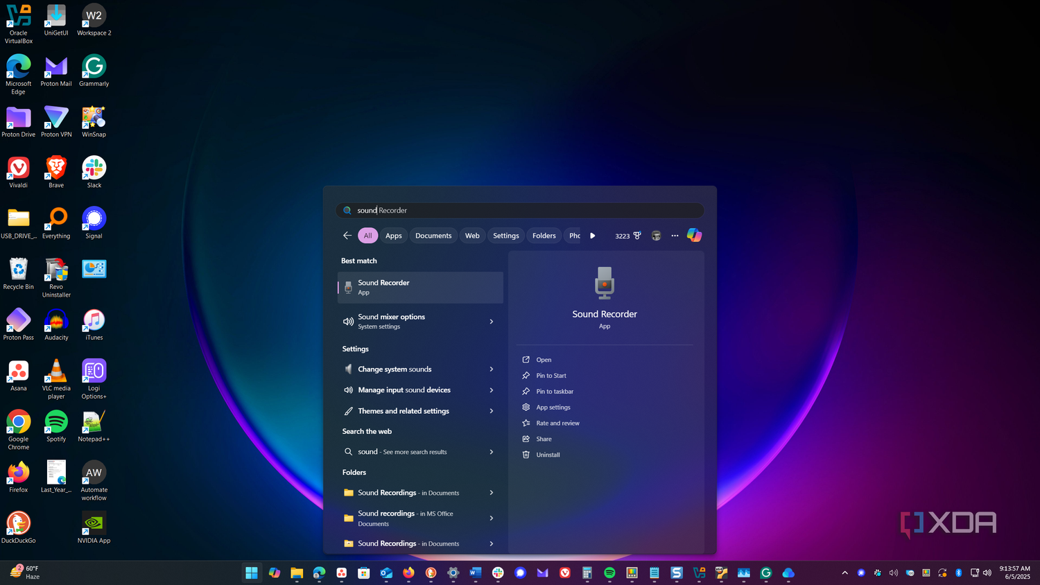 shows sound recorder in start menu