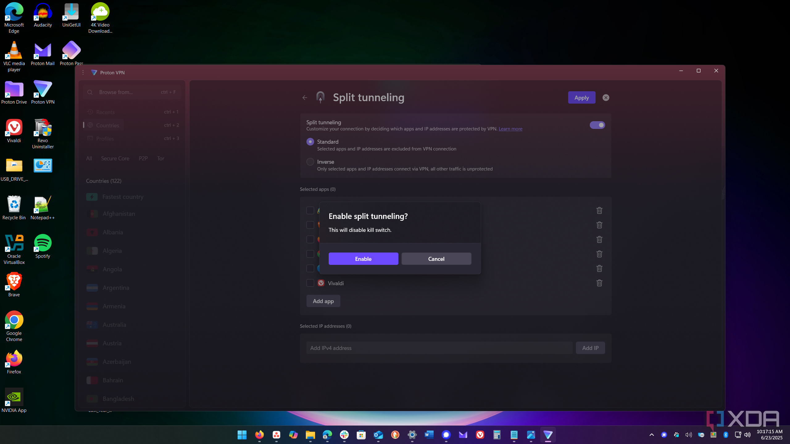 shows enabling the split tunneling feature in proton vpn