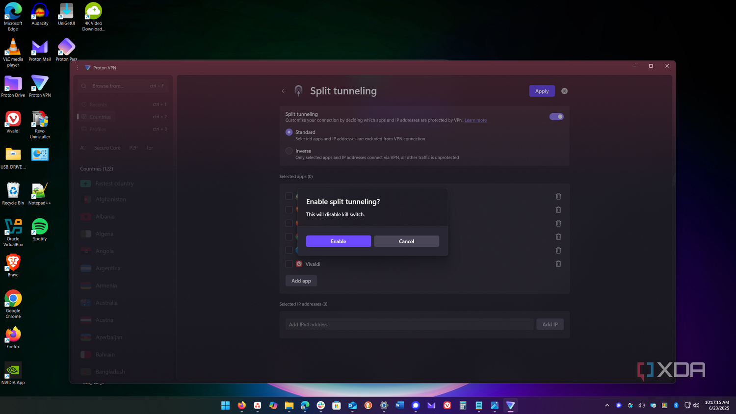 shows enabling the split tunneling feature in proton vpn