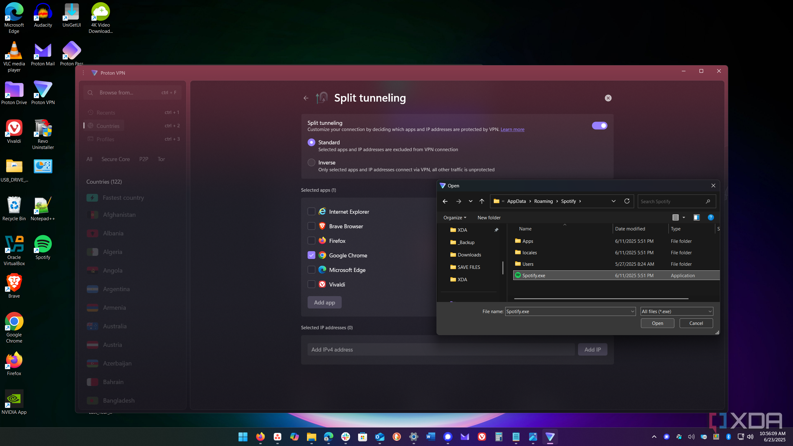 shows adding an app to split tunneling in Proton VPN