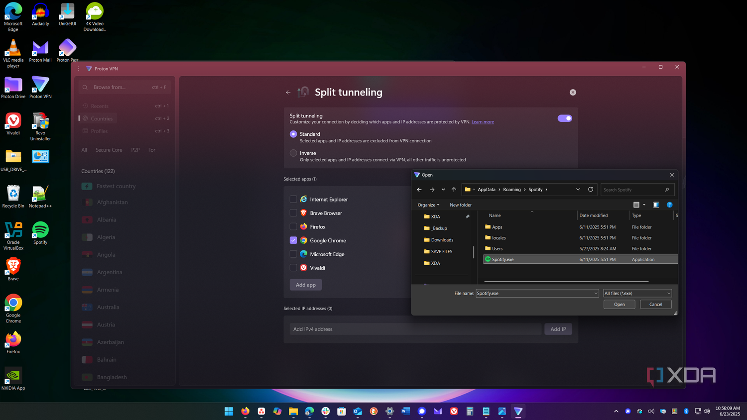 shows adding an app to split tunneling in Proton VPN