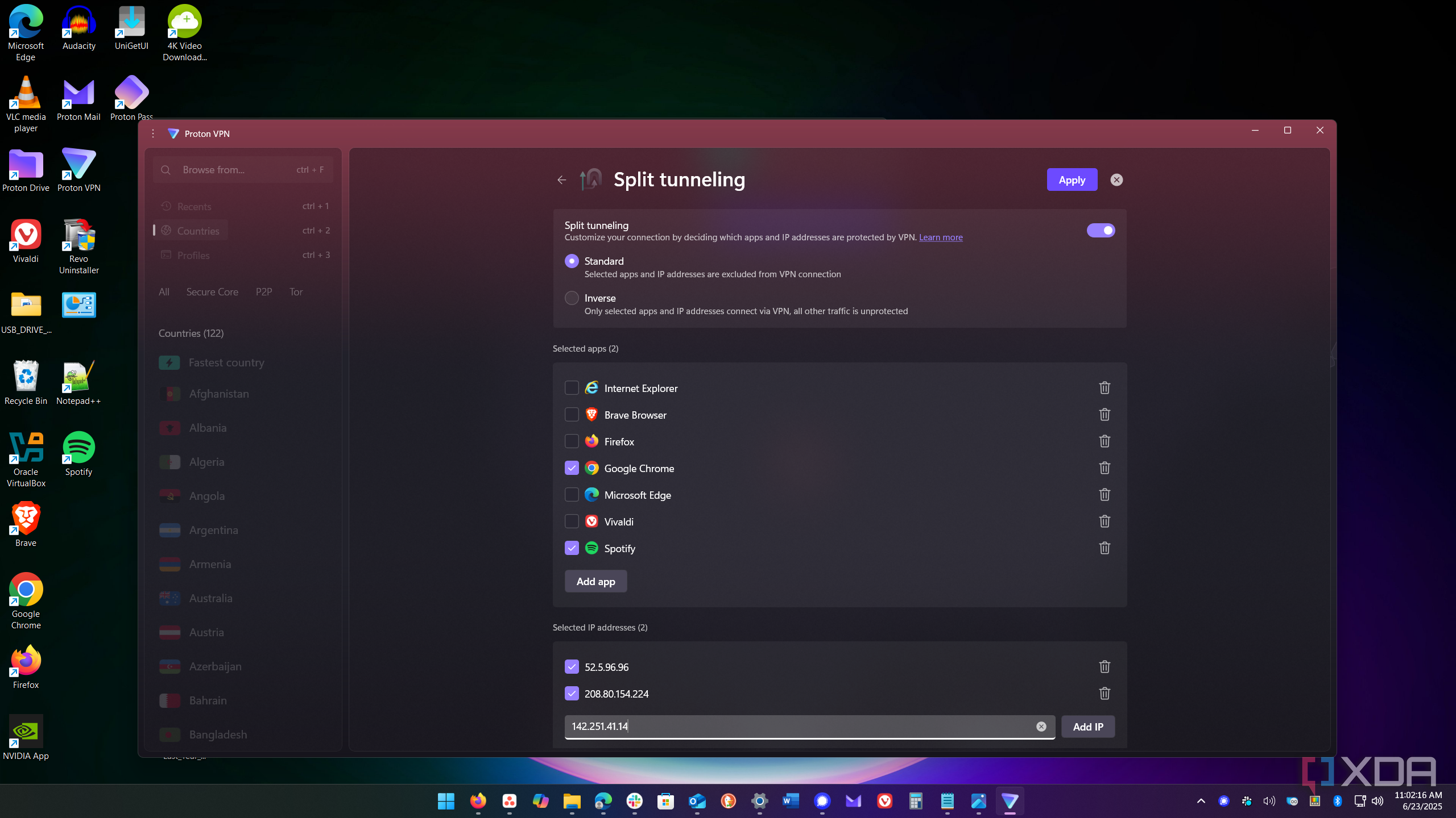 shows adding ip address to split tunneling in Proton VPN