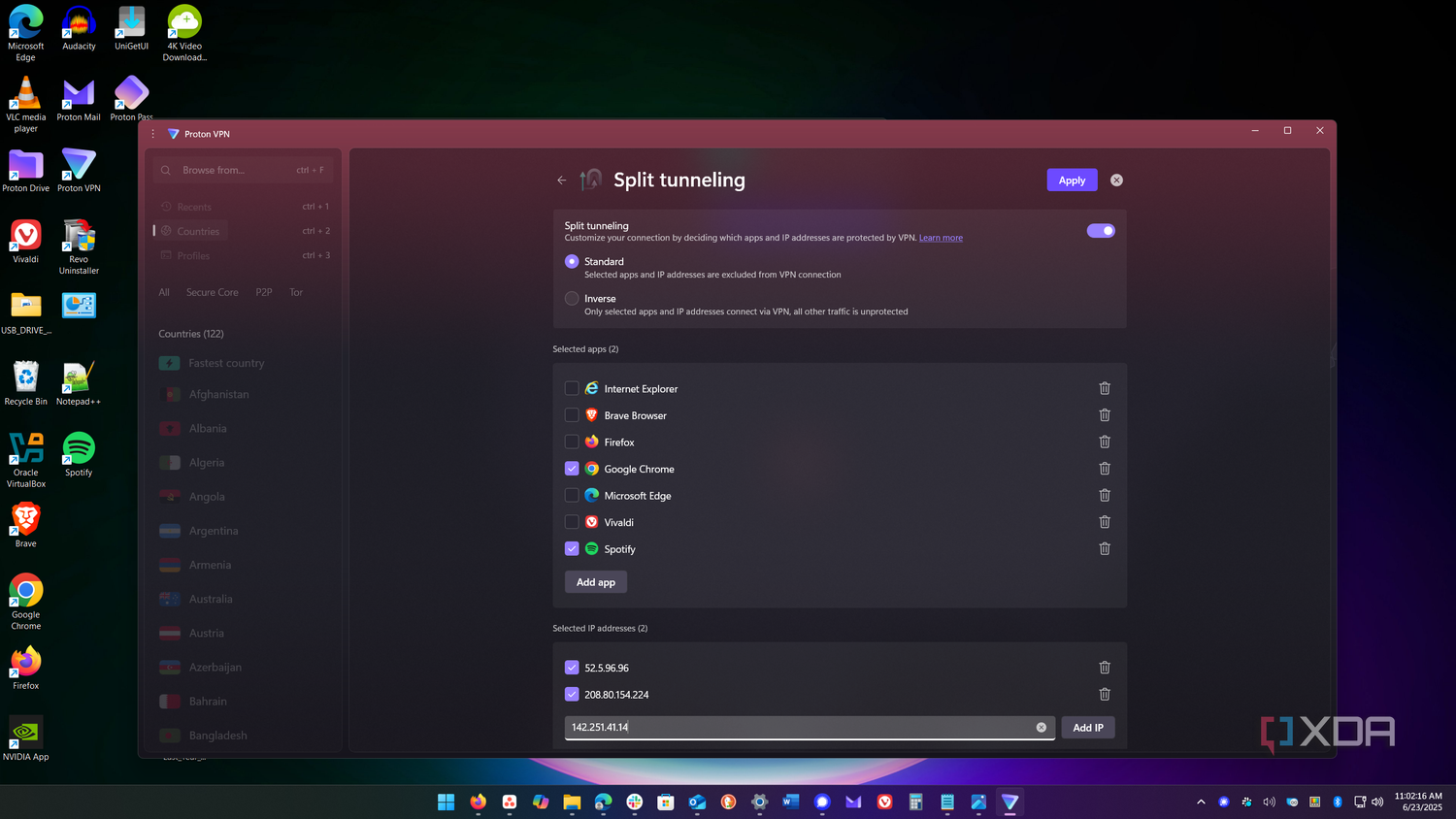 shows adding ip address to split tunneling in Proton VPN