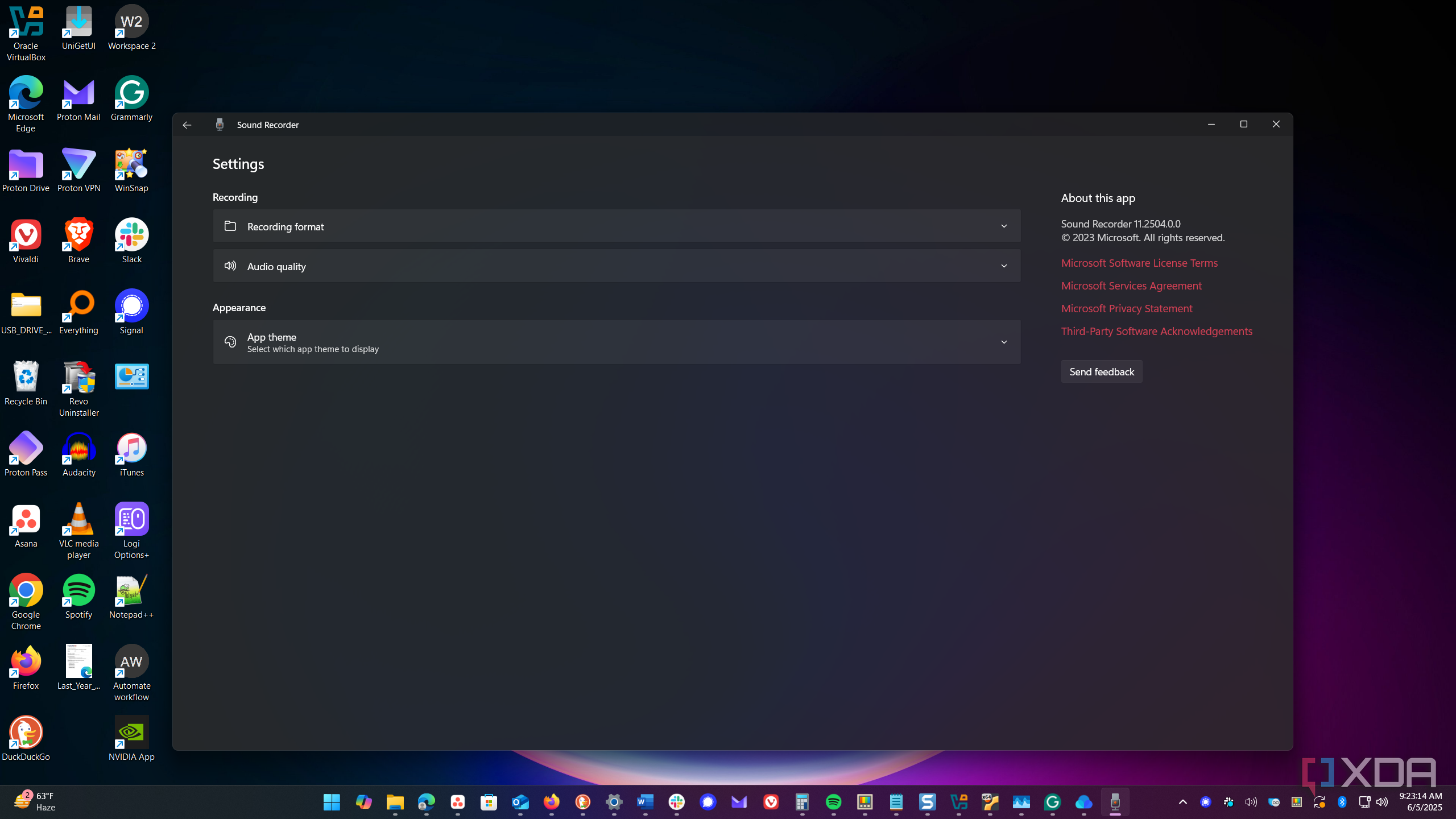 shows sound recorder settings