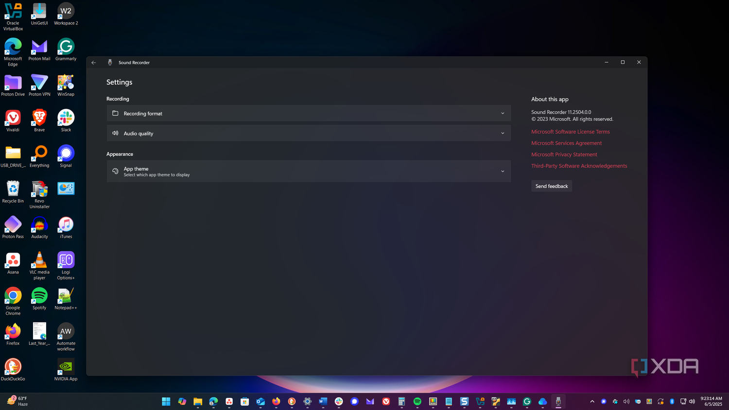 shows sound recorder settings
