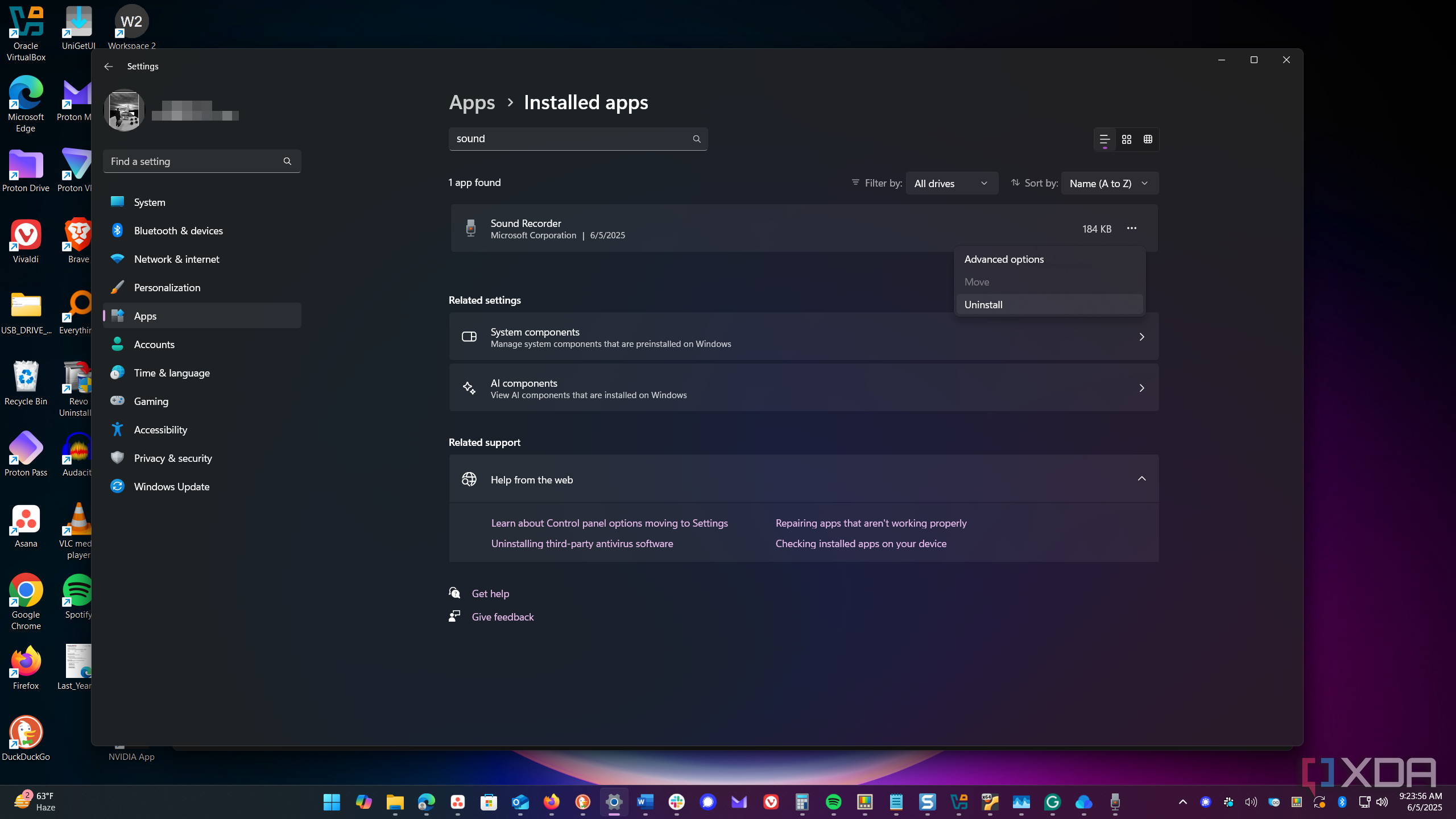 shows uninstalling sound recorder
