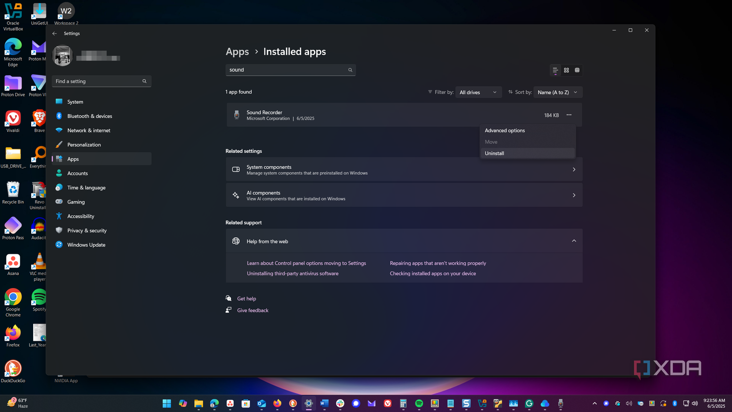 shows uninstalling sound recorder