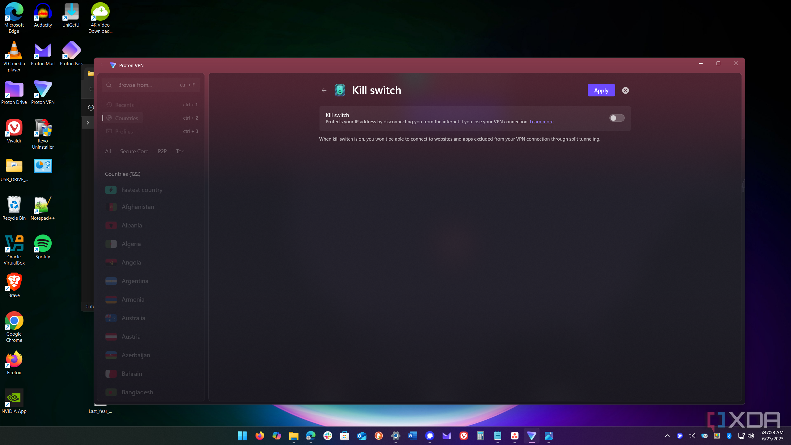 shows activating proton vpn kill switch feature