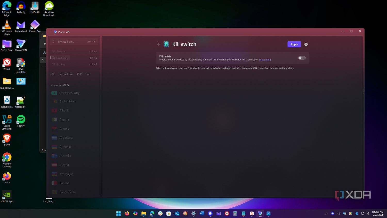 shows activating proton vpn kill switch feature