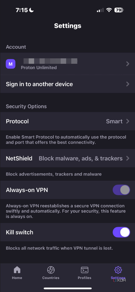 shows Proton VPN Settings