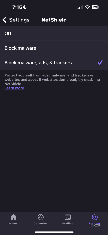 Shows Netshield settings in Proton VPN mobile