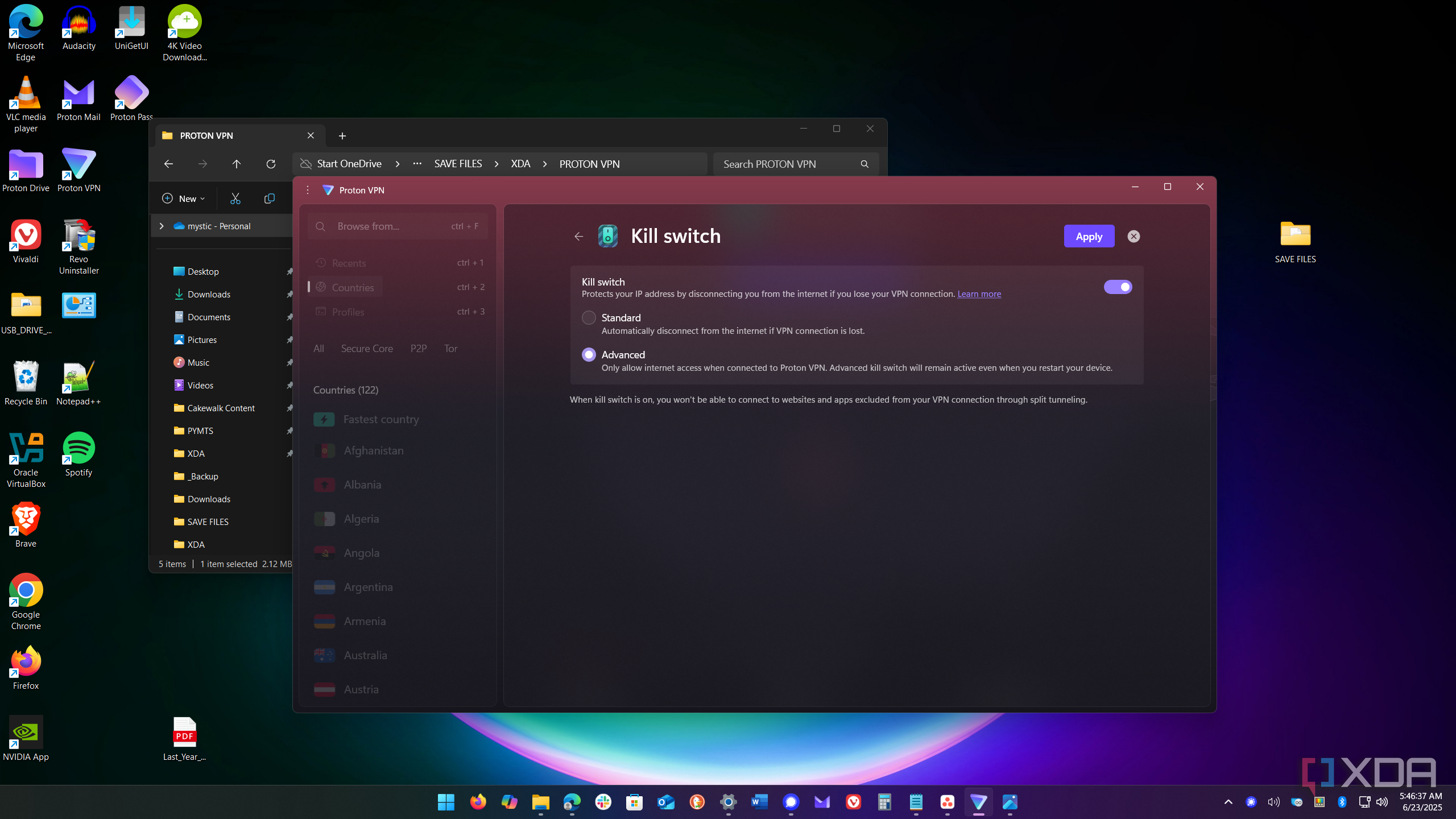 shows setting proton vpn kill switch features standard or advanced
