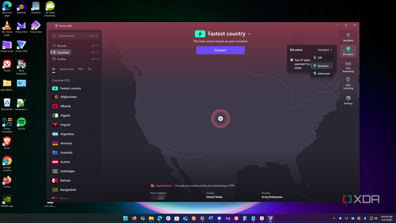 shows standard or advanced kill switch options frm toolbar
