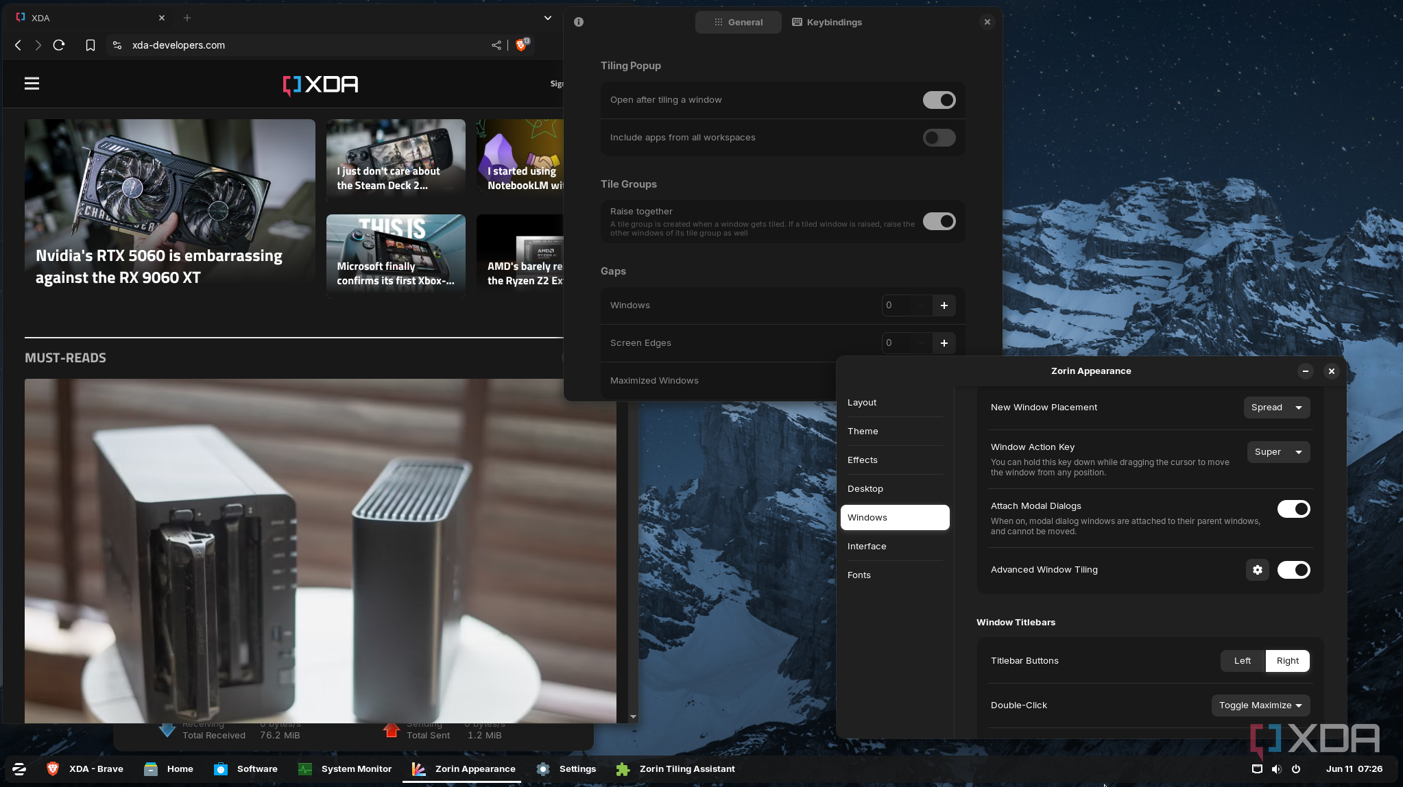 Shows settings for windows tiling and dark theme on ZorinOS
