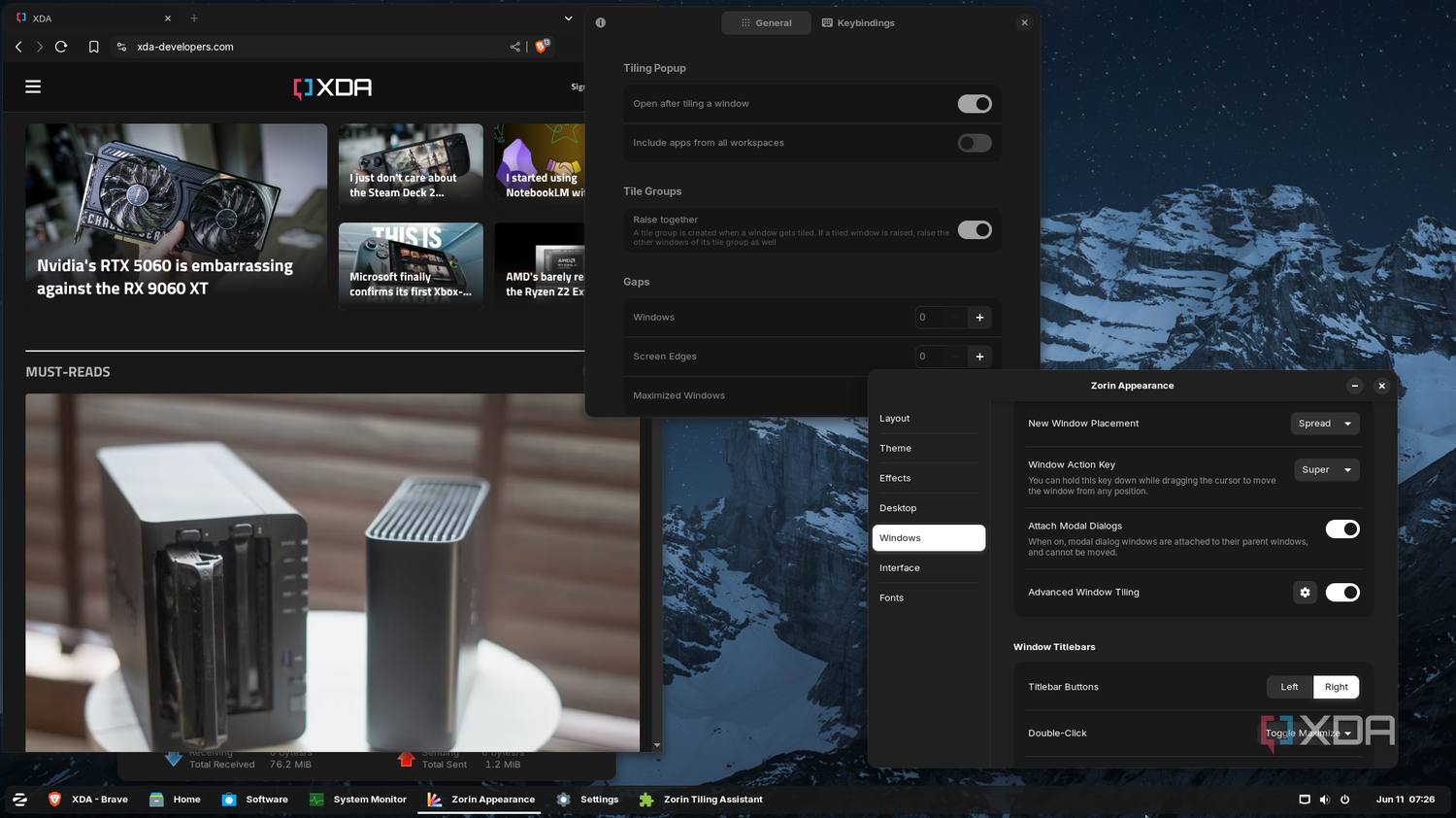 Shows settings for windows tiling and dark theme on ZorinOS