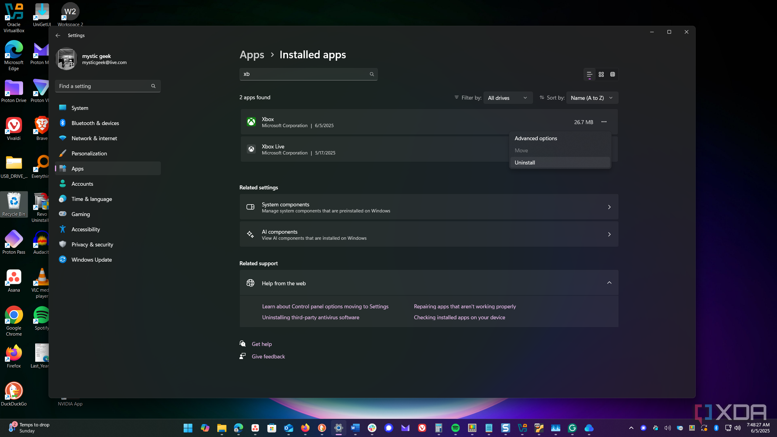shows uninstalling xbox app in Windows settings