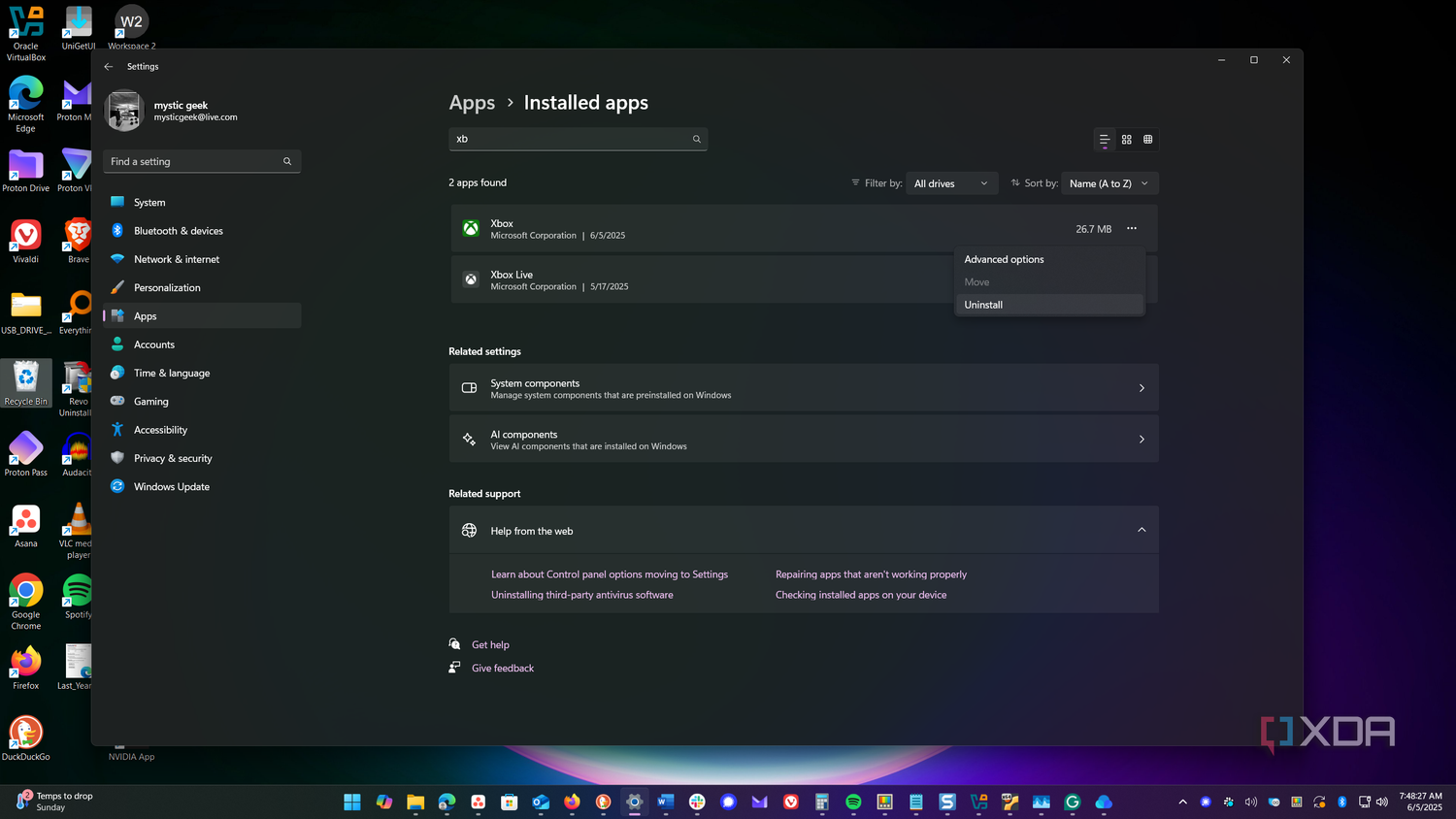 shows uninstalling xbox app in Windows settings