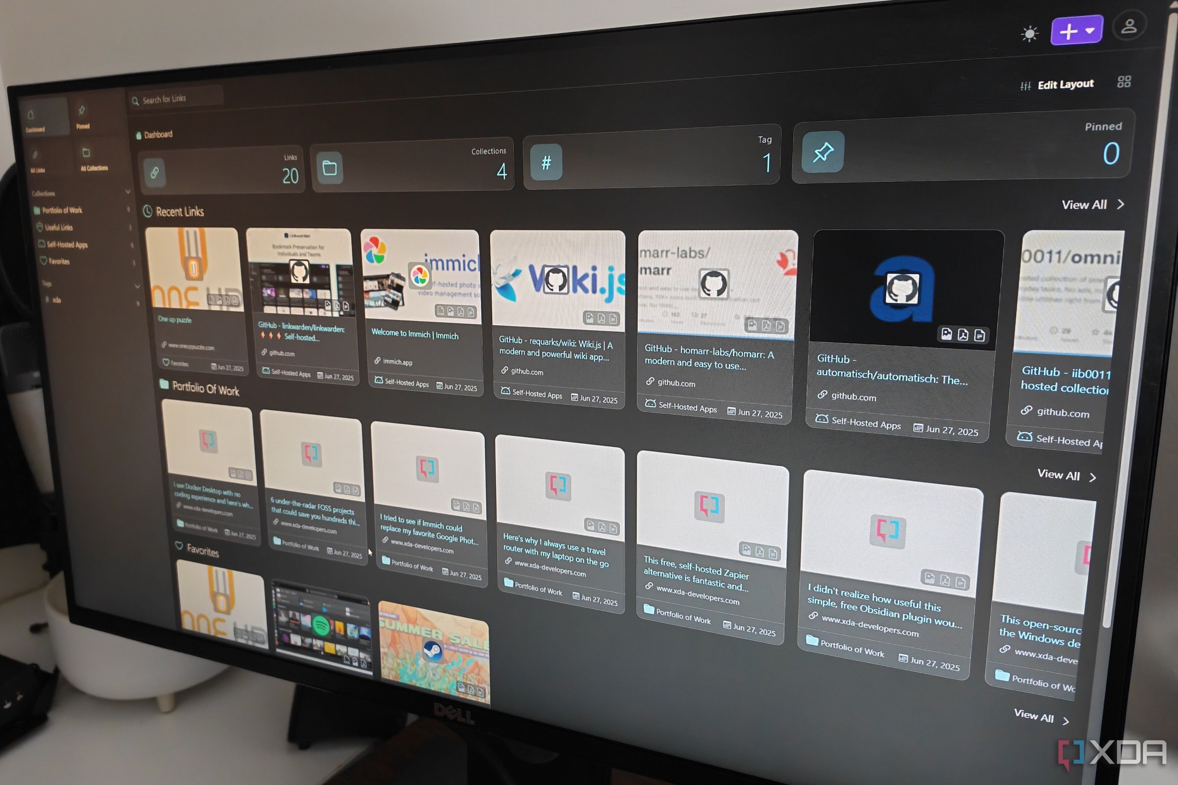 una pantalla de escritorio que muestra enlaces guardados en linkwarden