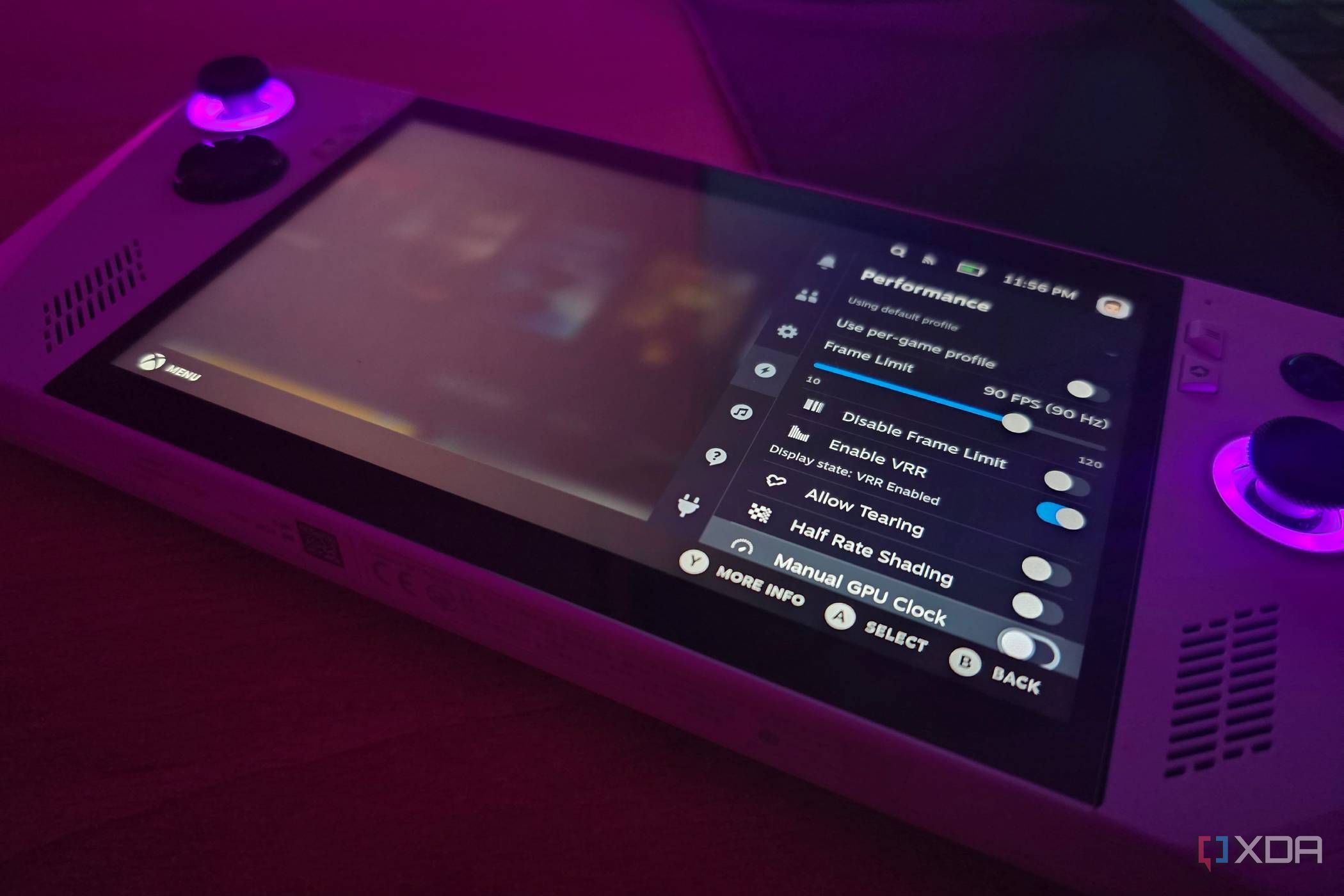 Asus ROG Ally running SteamOS with the performance settings menu open
