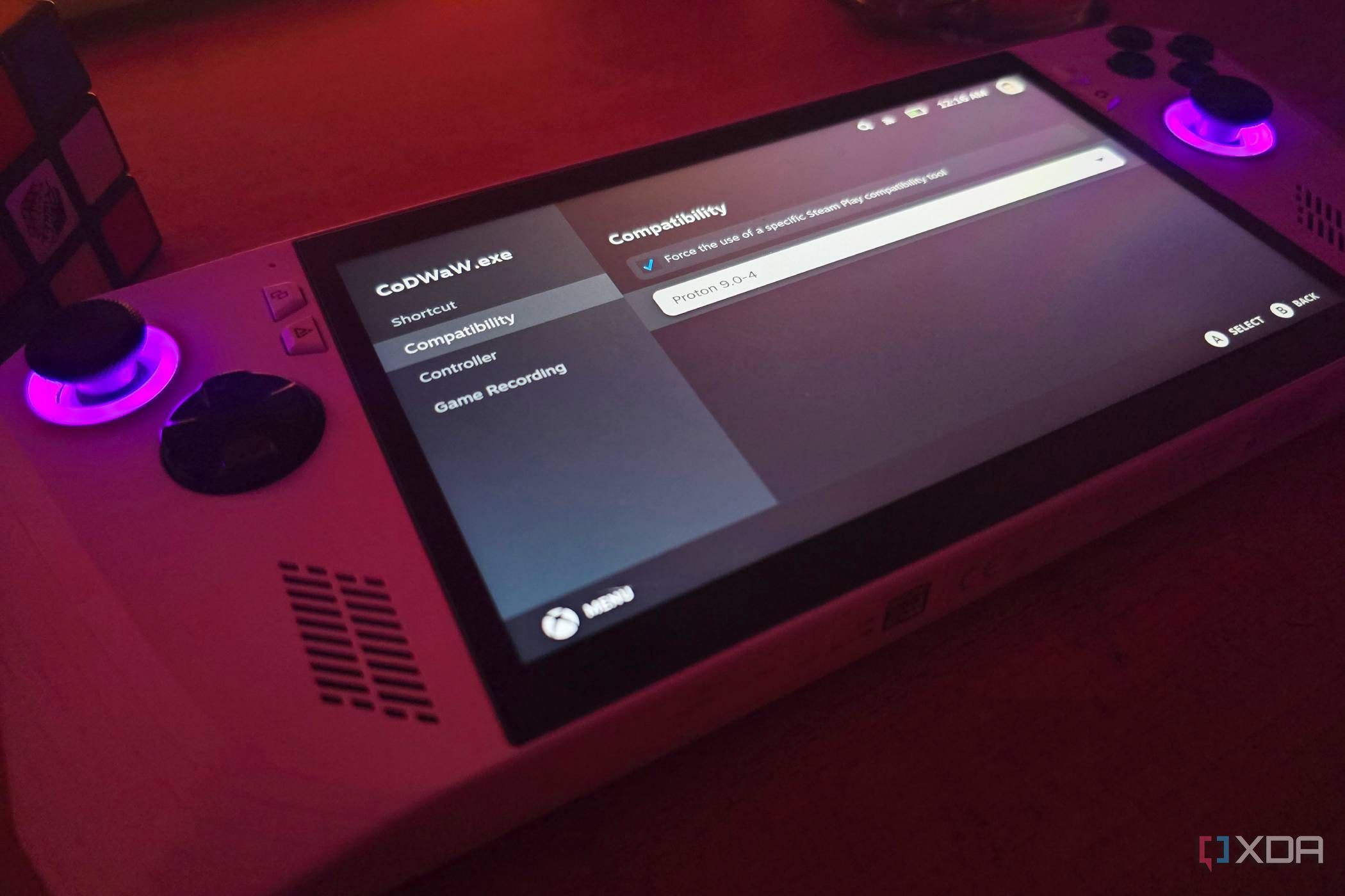 Asus ROG Ally running SteamOS with the option to change the Proton version to run a Windows game