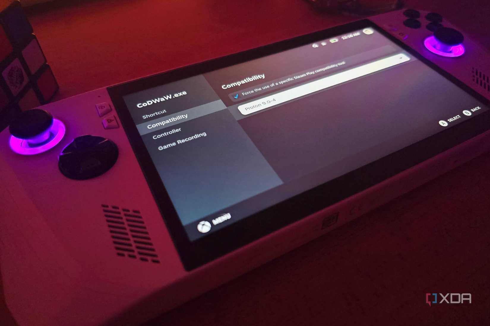 Asus ROG Ally running SteamOS with the option to change the Proton version to run a Windows game