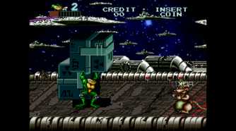 A screenshot from the arcade game Battletoads.