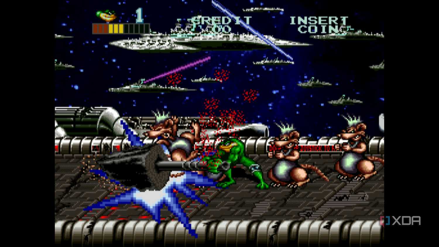 A screenshot from the arcade game Battletoads.