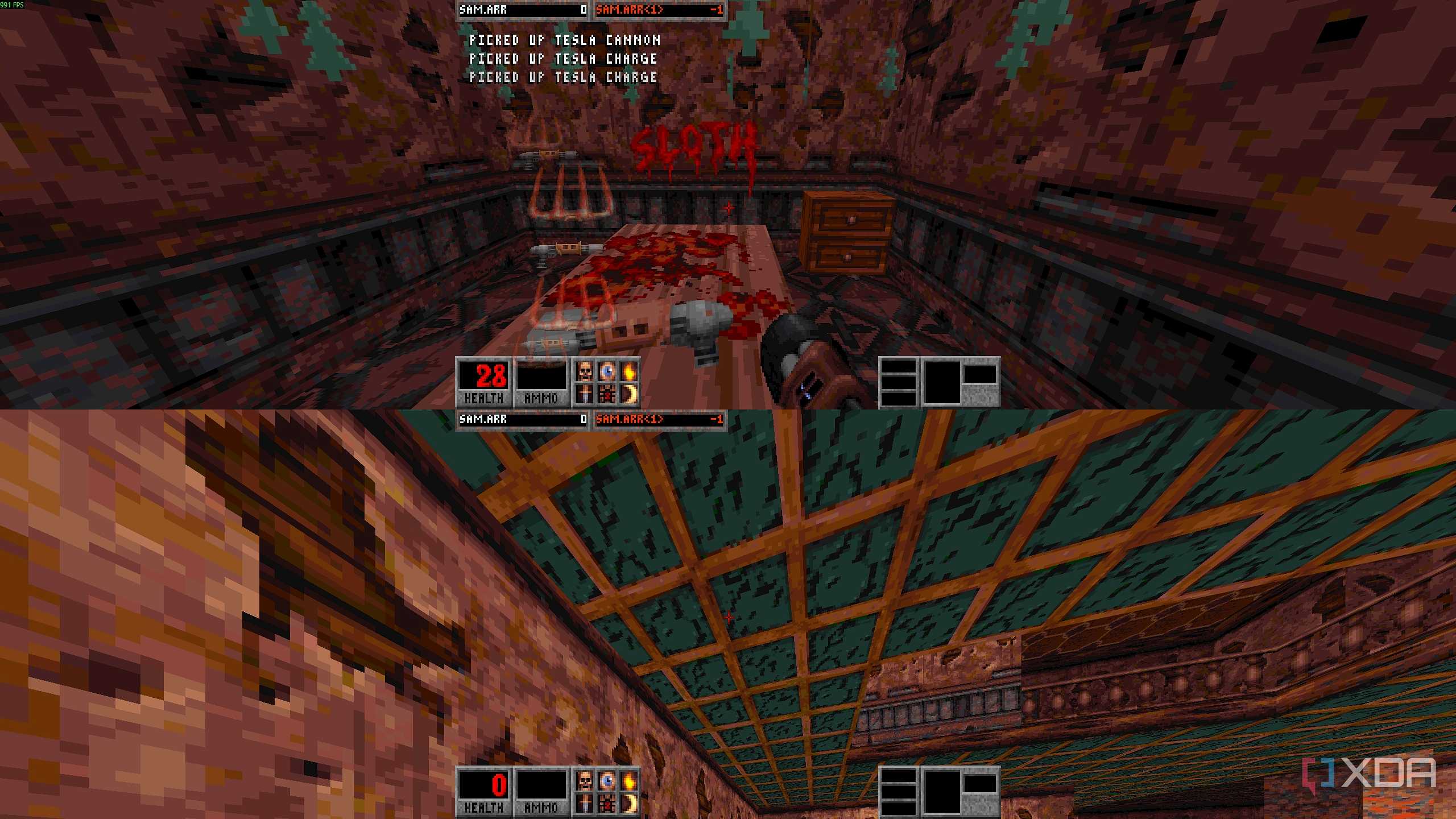 Split-screen gameplay from Blood: Fresh Supply.