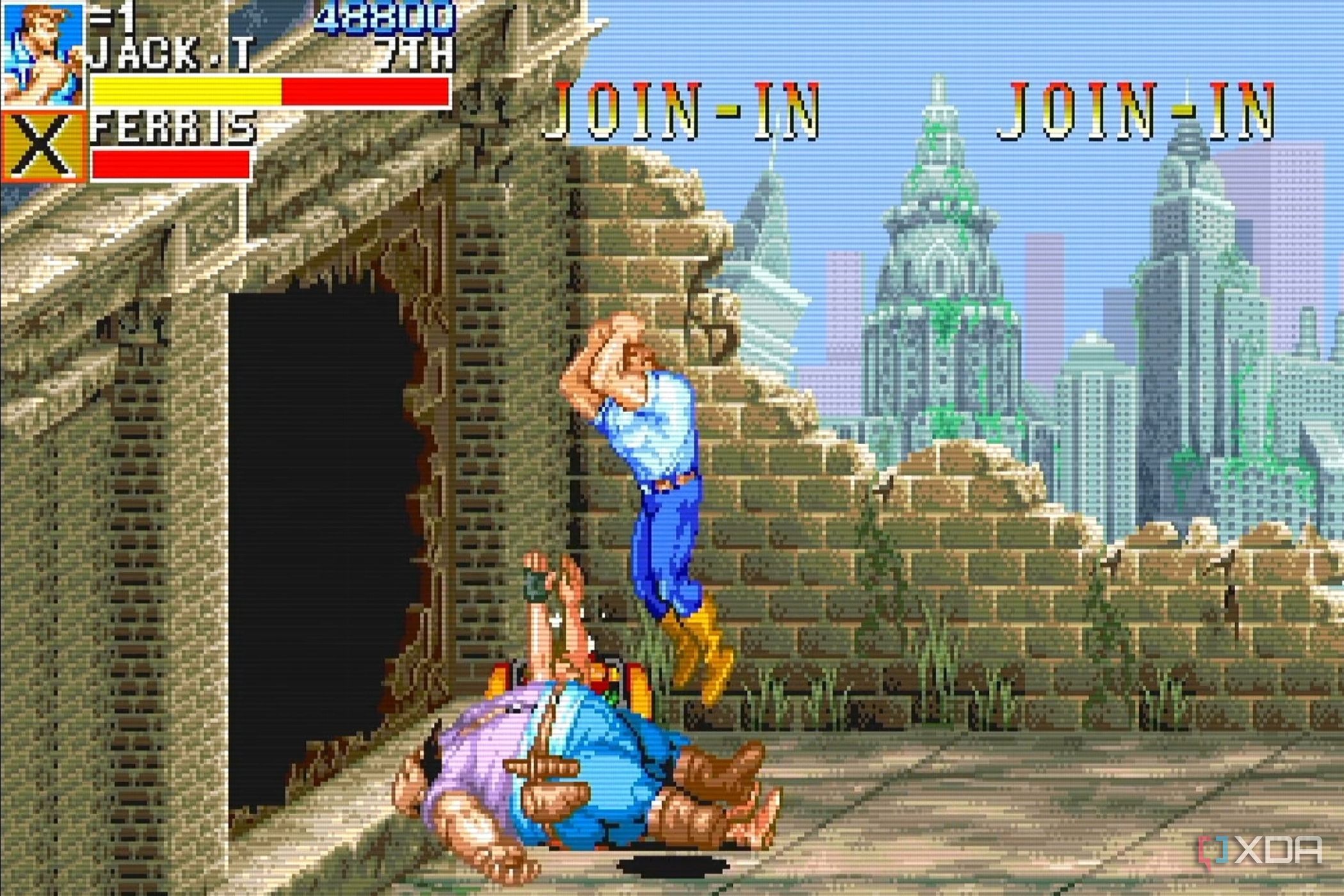 A screenshot from the arcade game Cadillacs and Dinosaurs.