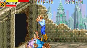 A screenshot from the arcade game Cadillacs and Dinosaurs.