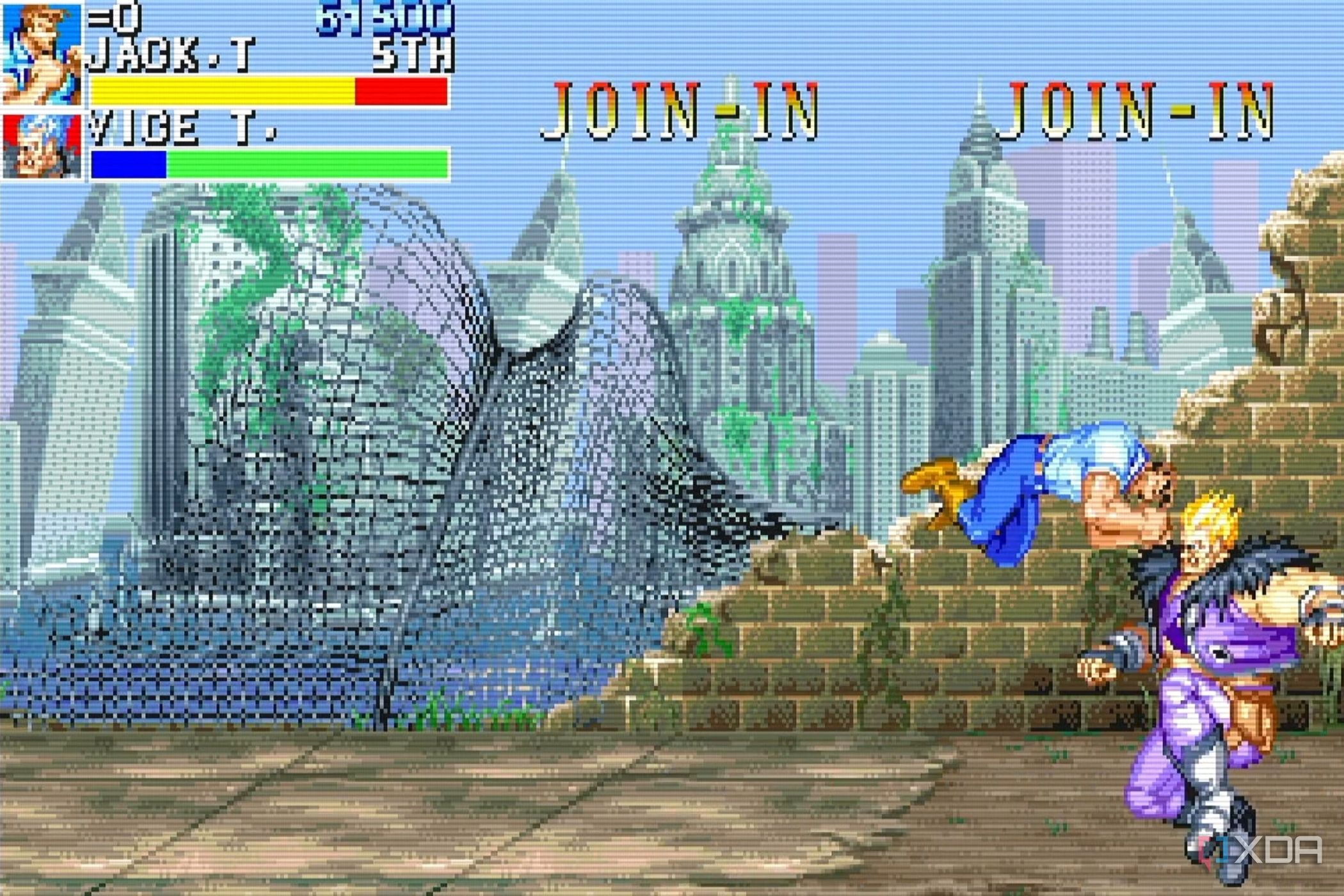 A screenshot from the arcade game Cadillacs and Dinosaurs.