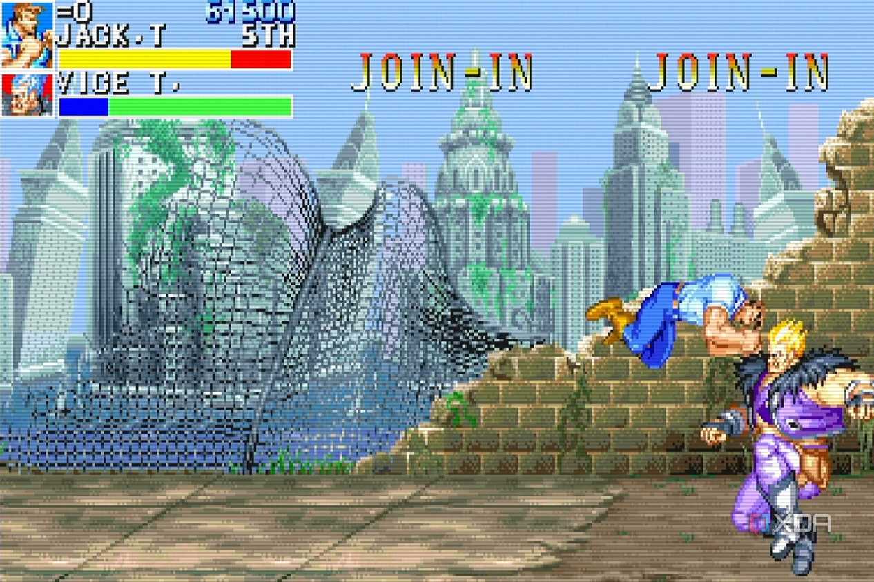 A screenshot from the arcade game Cadillacs and Dinosaurs.