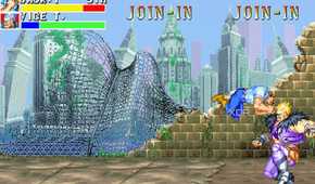 A screenshot from the arcade game Cadillacs and Dinosaurs.