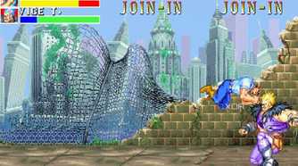 A screenshot from the arcade game Cadillacs and Dinosaurs.