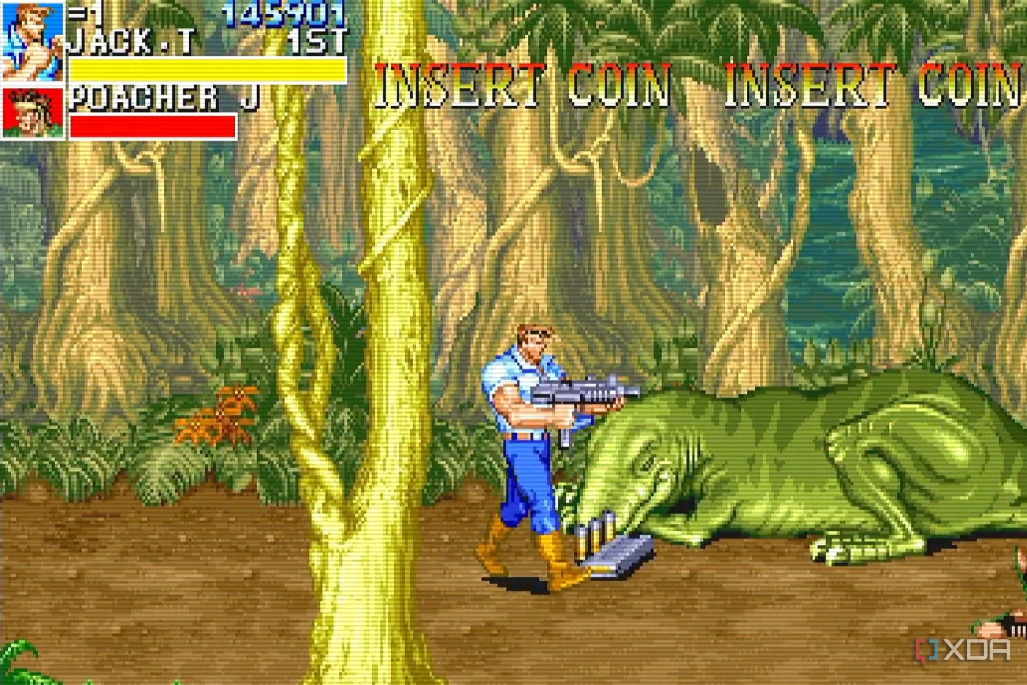 A screenshot from the arcade game Cadillacs and Dinosaurs.