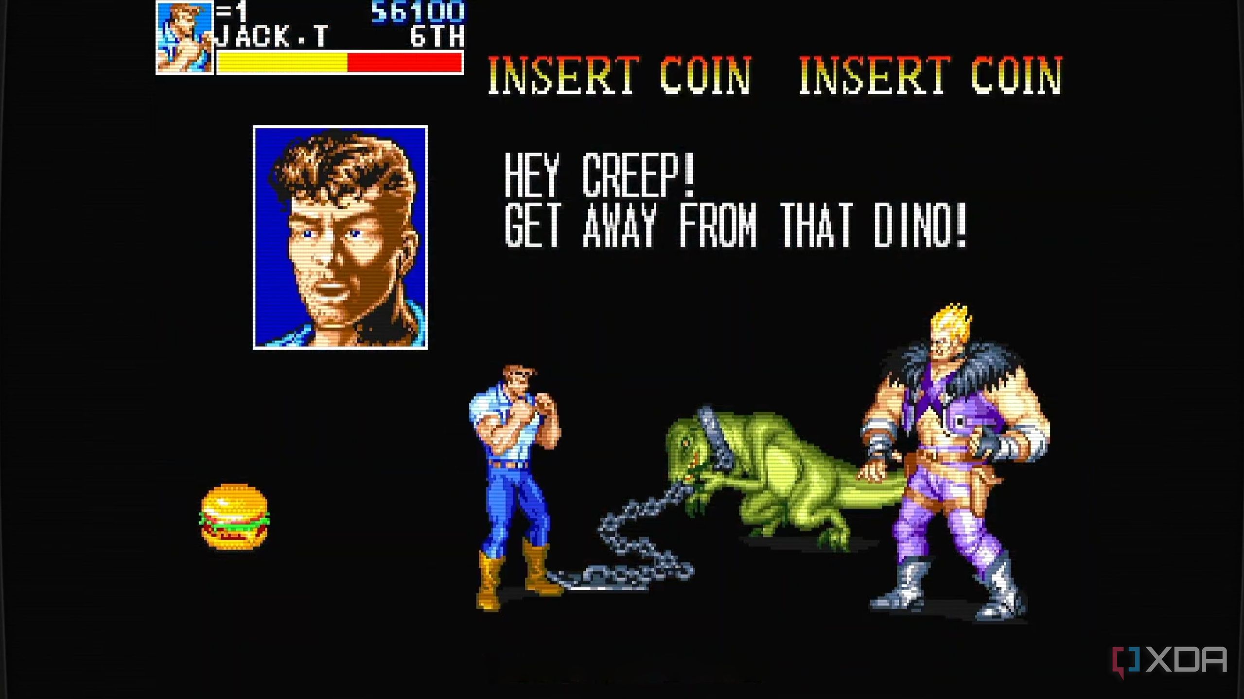 A screenshot from the arcade game Cadillacs and Dinosaurs.