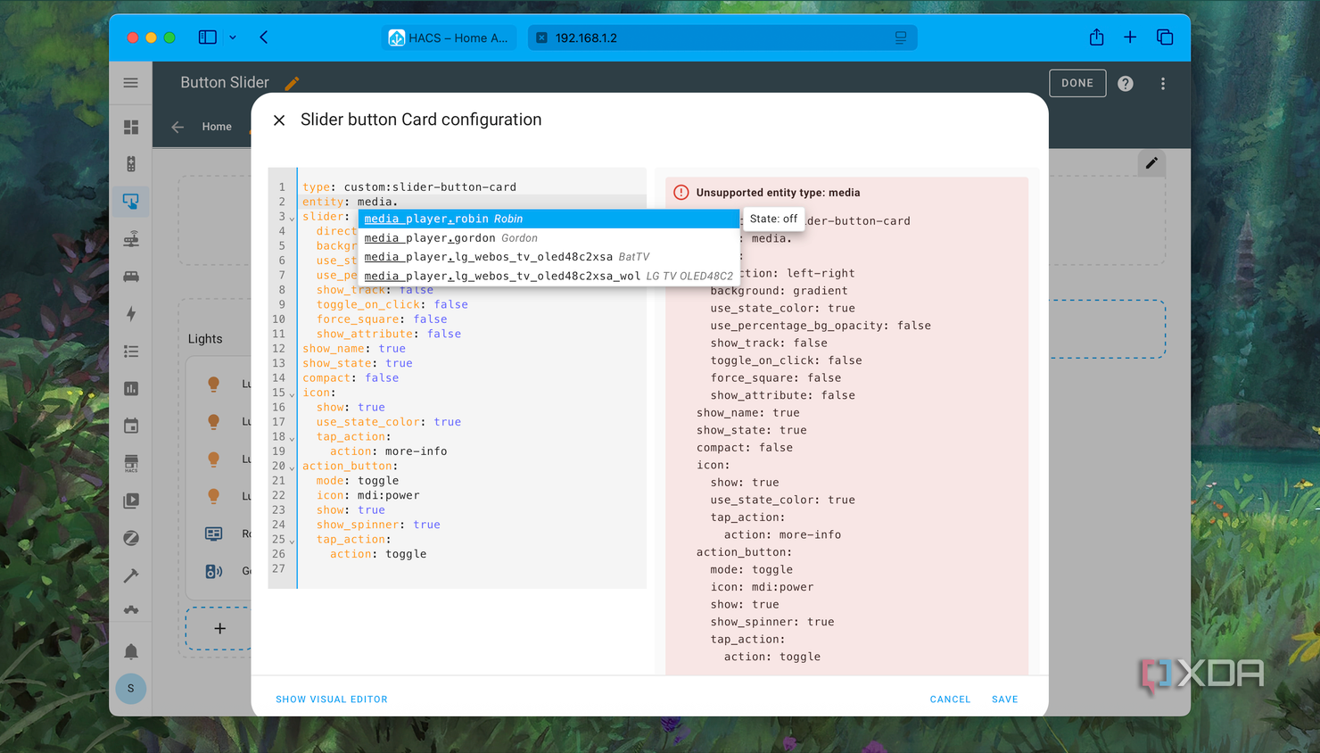 Choose entity in YAML for slider button card in Home Assistant
