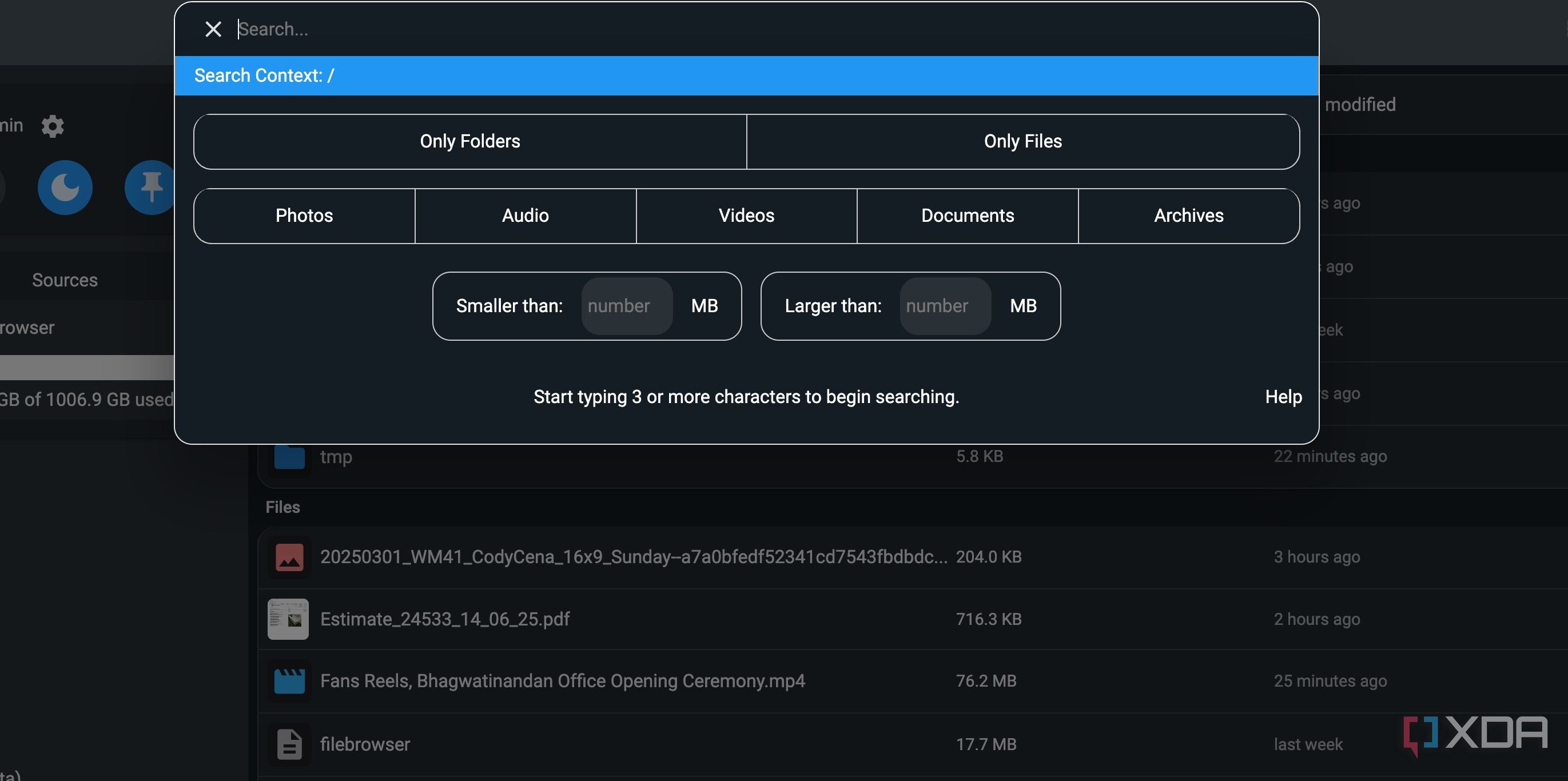 Search menu in FileBrowser Quantum